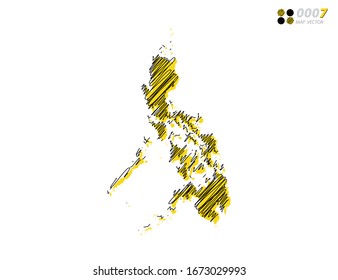Vector silhouette chaotic hand drawn scribble yellow and black sketch  of Philippines map on white background.