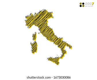 Vector silhouette chaotic hand drawn scribble yellow and black sketch  of Italy map on white background.