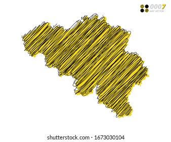 Vektorillustration Silhouette chaotische handgezeichnete, schreiber gelbe und schwarze Skizze von Belgien Karte auf weißem Hintergrund.