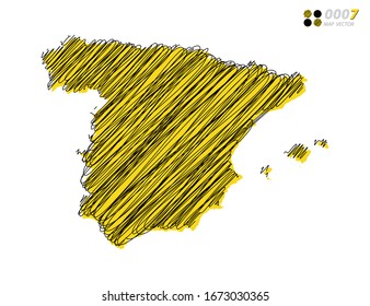 Silueta vectorial chaótica dibujado a mano garabatos dibuja esbozos amarillos y negros de España mapa sobre fondo blanco.