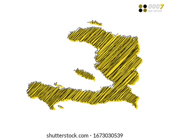 Silueta vectorial chaótica dibujado a mano garabatos dibuja esbozos amarillos y negros del mapa de Haití sobre fondo blanco.