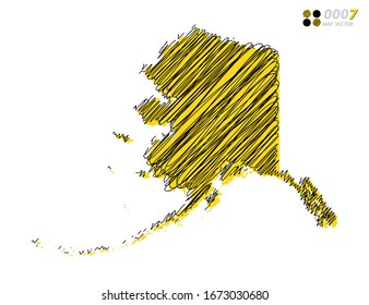 Silueta vectorial chaótica dibujado a mano garabatos dibujando esbozos amarillos y negros del mapa de Alaska sobre fondo blanco.