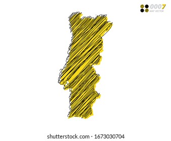 Vector silhouette chaotic hand drawn scribble yellow and black sketch  of Portugal map on white background.