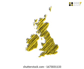 Silueta vectorial chaótica dibujado a mano garabatos dibuja esbozos amarillos y negros del Reino Unido (Reino Unido) mapa sobre fondo blanco.