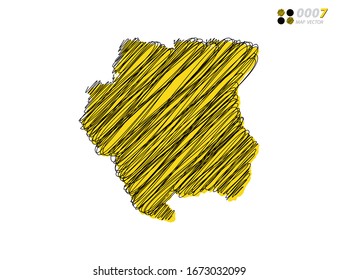Vektorillustration Silhouette chaotische handgezeichnete, schreiber gelbe und schwarze Skizze von Suriname Karte auf weißem Hintergrund.