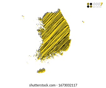 Vector silhouette chaotic hand drawn scribble yellow and black sketch of South Korea map on white background.