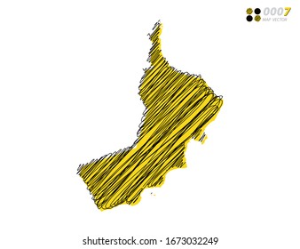 Vector silhouette chaotic hand drawn scribble yellow and black sketch of Oman map on white background.