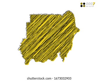 Vector silhouette chaotic hand drawn scribble yellow and black sketch of Sudan map on white background.
