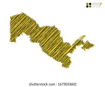 Vector silhouette chaotic hand drawn scribble yellow and black sketch of Uzbekistan map on white background.