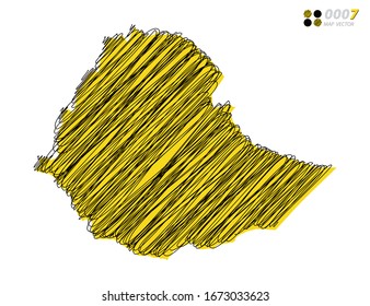 Silueta vectorial chaótica dibujado a mano garabatos dibuja esbozos amarillos y negros del mapa de Etiopía sobre fondo blanco.