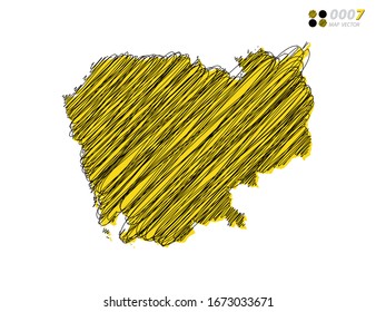 Vector silhouette chaotic hand drawn scribble yellow and black sketch of Cambodia map on white background.