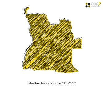 Silueta vectorial chaótica dibujado a mano garabatos dibuja esbozos amarillos y negros del mapa de Angola sobre fondo blanco.