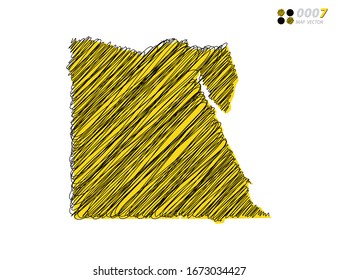 Vektorillustration Silhouette chaotische handgezeichnete, schreiber gelbe und schwarze Skizze von Ägypten Karte auf weißem Hintergrund.