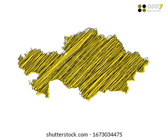 Vector silhouette chaotic hand drawn scribble yellow and black sketch of Kazakhstan map on white background.