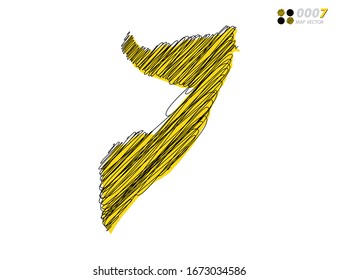 Silueta vectorial chaótica dibujó a mano garabatos el dibujo amarillo y negro del mapa somalí sobre fondo blanco.