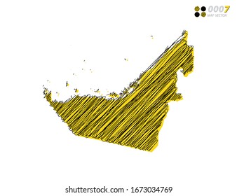 Vector silhouette chaotic hand drawn scribble yellow and black sketch of United Arab Emirates map on white background.