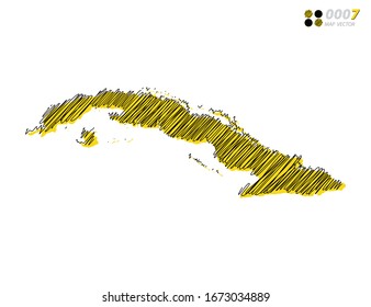 Vector silhouette chaotic hand drawn scribble yellow and black sketch  of Cuba map on white background.