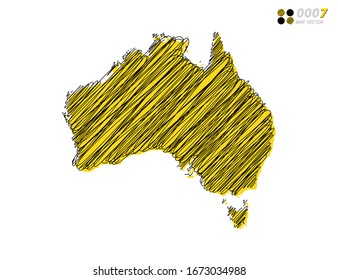 Vektorillustration Silhouette chaotische handgezeichnete, schreiber gelbe und schwarze Skizze von Australien Karte auf weißem Hintergrund.