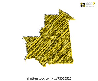 Silueta vectorial chaótica dibujado a mano garabatos dibuja esbozos amarillos y negros del mapa de Mauritania sobre fondo blanco.