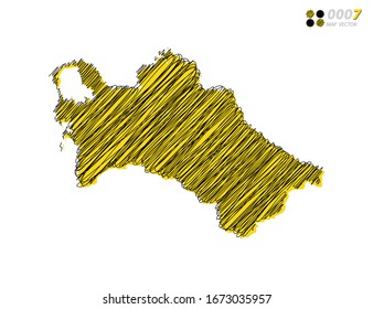 Vector silhouette chaotic hand drawn scribble yellow and black sketch of Turkmenistan map on white background.
