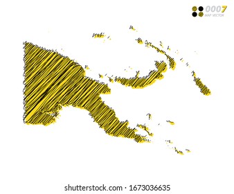 Vector silhouette chaotic hand drawn scribble yellow and black sketch of Papua New Guinea map on white background.