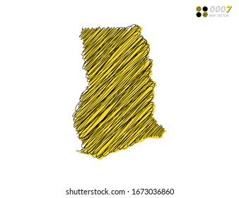 Vector silhouette chaotic hand drawn scribble yellow and black sketch of Ghana map on white background.