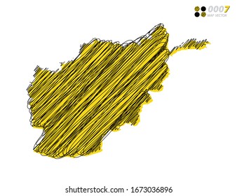 Vector silhouette chaotic hand drawn scribble yellow and black sketch of Afghanistan map on white background.