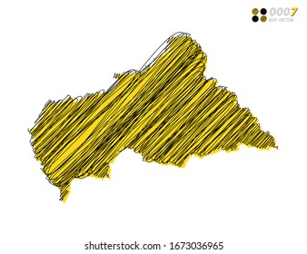 Silueta vectorial chaótica dibujado a mano garabatos dibuja esbozos amarillos y negros del mapa centroafricano sobre fondo blanco.