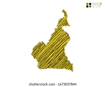 Vector silhouette chaotic hand drawn scribble yellow and black sketch of Cameroon map on white background.