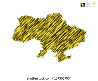 Vektorillustration Silhouette chaotische handgezeichnete, schreiber gelbe und schwarze Skizze der Ukraine Karte auf weißem Hintergrund.