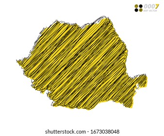 Vector silhouette chaotic hand drawn scribble yellow and black sketch of Romania map on white background.
