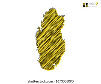 Vektorillustration Silhouette chaotische handgezeichnete, schreiber gelbe und schwarze Skizze von Katar Karte auf weißem Hintergrund.