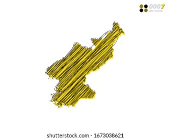 Vector silhouette chaotic hand drawn scribble yellow and black sketch of North Korea map on white background.