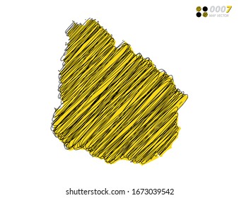 Vektorillustration Silhouette chaotische handgezeichnete, schreiber gelbe und schwarze Skizze von Uruguay Karte auf weißem Hintergrund.