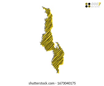 Vector silhouette chaotic hand drawn scribble yellow and black sketch of Malawi map on white background.