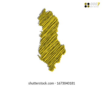 Vector silhouette chaotic hand drawn scribble yellow and black sketch of Albania map on white background.