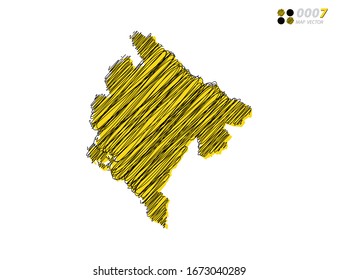 Vector silhouette chaotic hand drawn scribble yellow and black sketch of Montenegro map on white background.