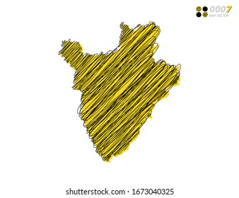 Vector silhouette chaotic hand drawn scribble yellow and black sketch of Burundi map on white background.