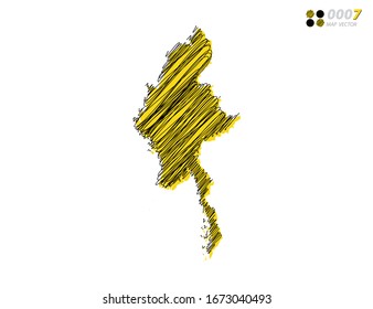 Vector silhouette chaotic hand drawn scribble yellow and black sketch of Myanmar map on white background.