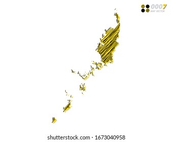 Silueta vectorial chaótica dibujado a mano garabatos dibujando esbozos amarillos y negros del mapa de Palau sobre fondo blanco.
