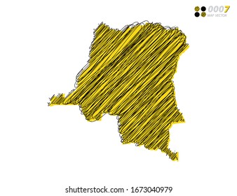 Vector silhouette chaotic hand drawn scribble yellow and black sketch of Congo map on white background.