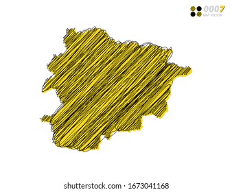 Silueta vectorial chaótica dibujado a mano garabatos dibujando esbozos amarillos y negros de Andorra mapa de fondo blanco.