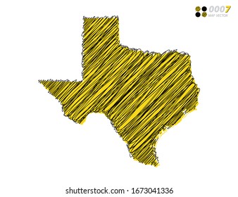 Silueta vectorial chaótica dibujó a mano garabatos dibujando esbozos amarillos y negros del mapa de Texas sobre fondo blanco.