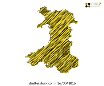 Vector silhouette chaotic hand drawn scribble yellow and black sketch of Wales map on white background.