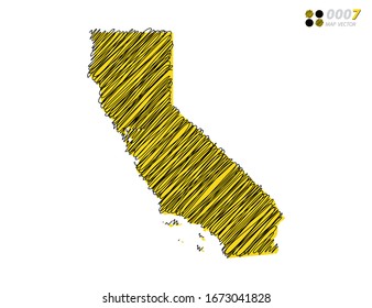 Vector silhouette chaotic hand drawn scribble yellow and black sketch of California map on white background.