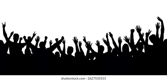 Vector silhouette of a cheering crowd with hands in the air - concert, festival, sport fans