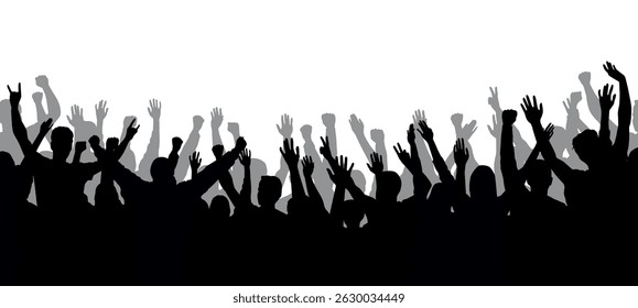 Vector silhouette of a cheering crowd with hands in the air - concert, festival, sport fans