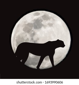 Vector silhouette of cheetah with moon background. Symbol of night.
