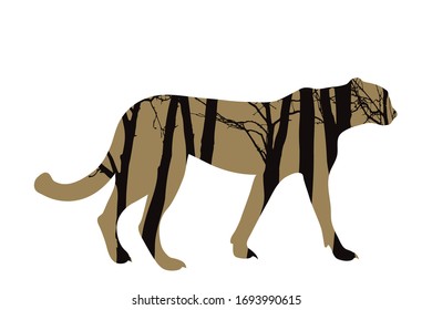 Vector silhouette of cheetah with trees on background. Symbol of forest.