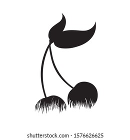 Vector silhouette of cherry in the grass on white background. Symbol of fruit, nature, park, garden, food, plantation, harvest.